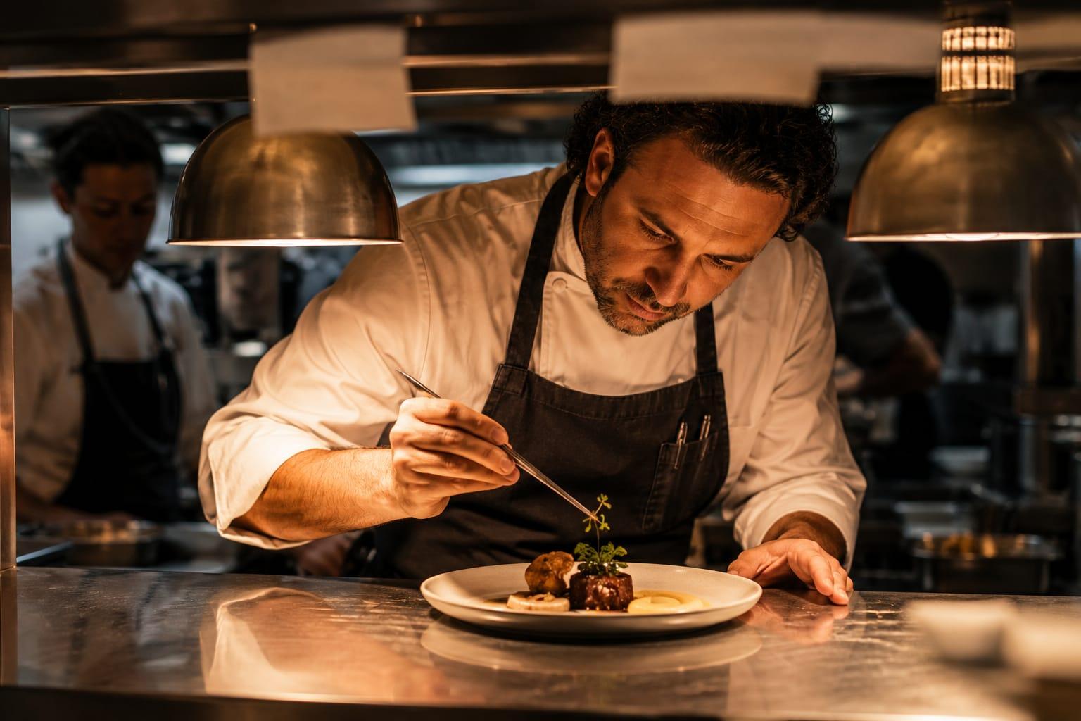 A chef finishing a plated dish beneath the pass lights