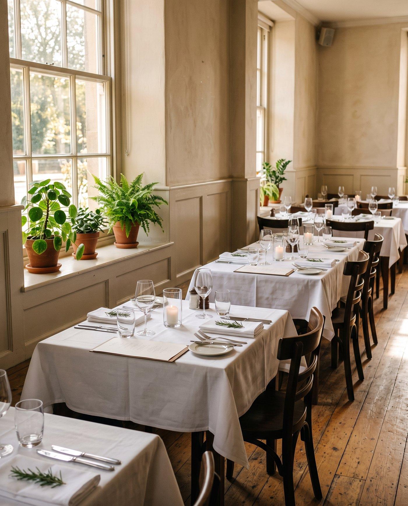An empty dining room in morning light, tables set and waiting for service