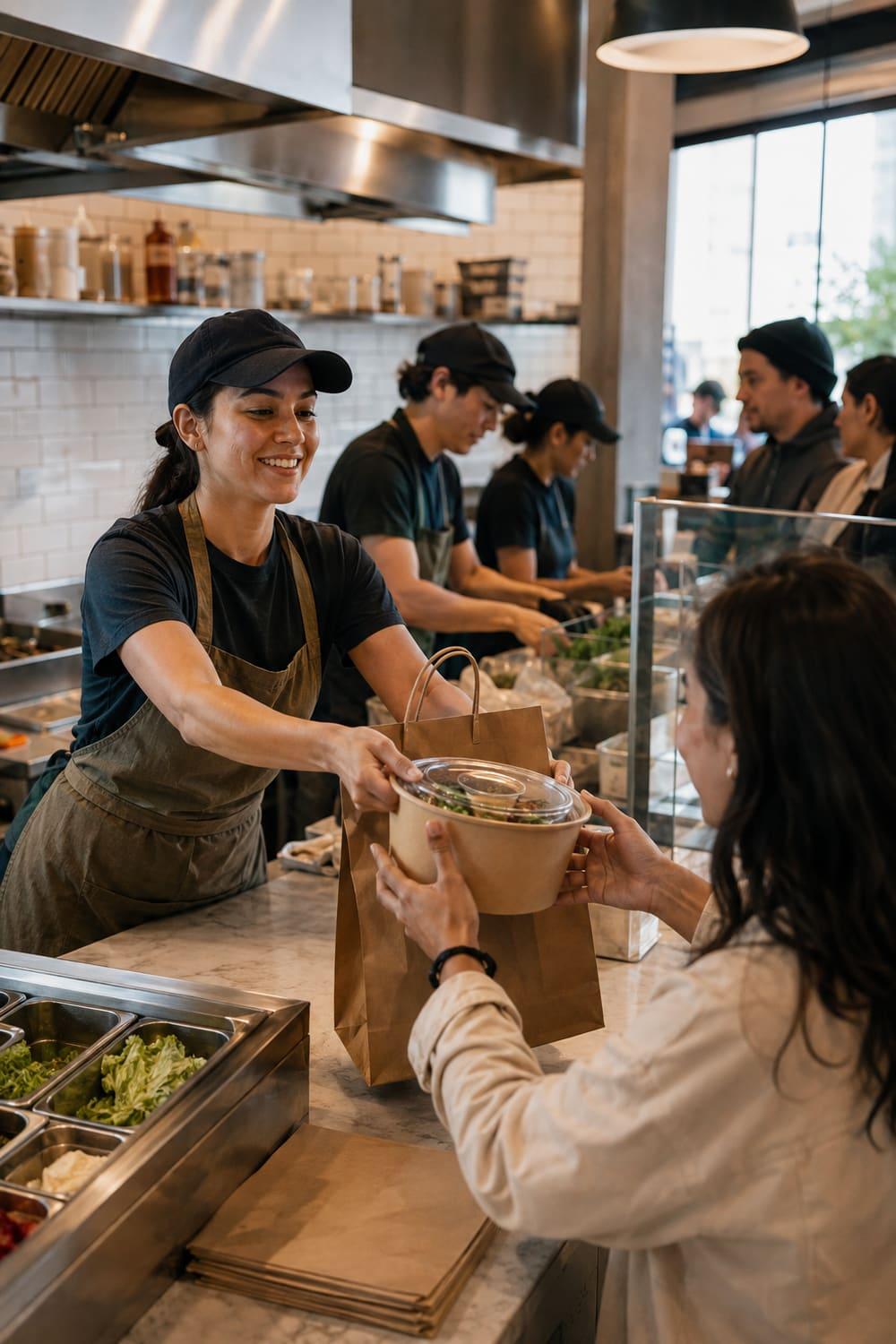 A team member handing a packaged order to a guest at a modern counter-service restaurant
