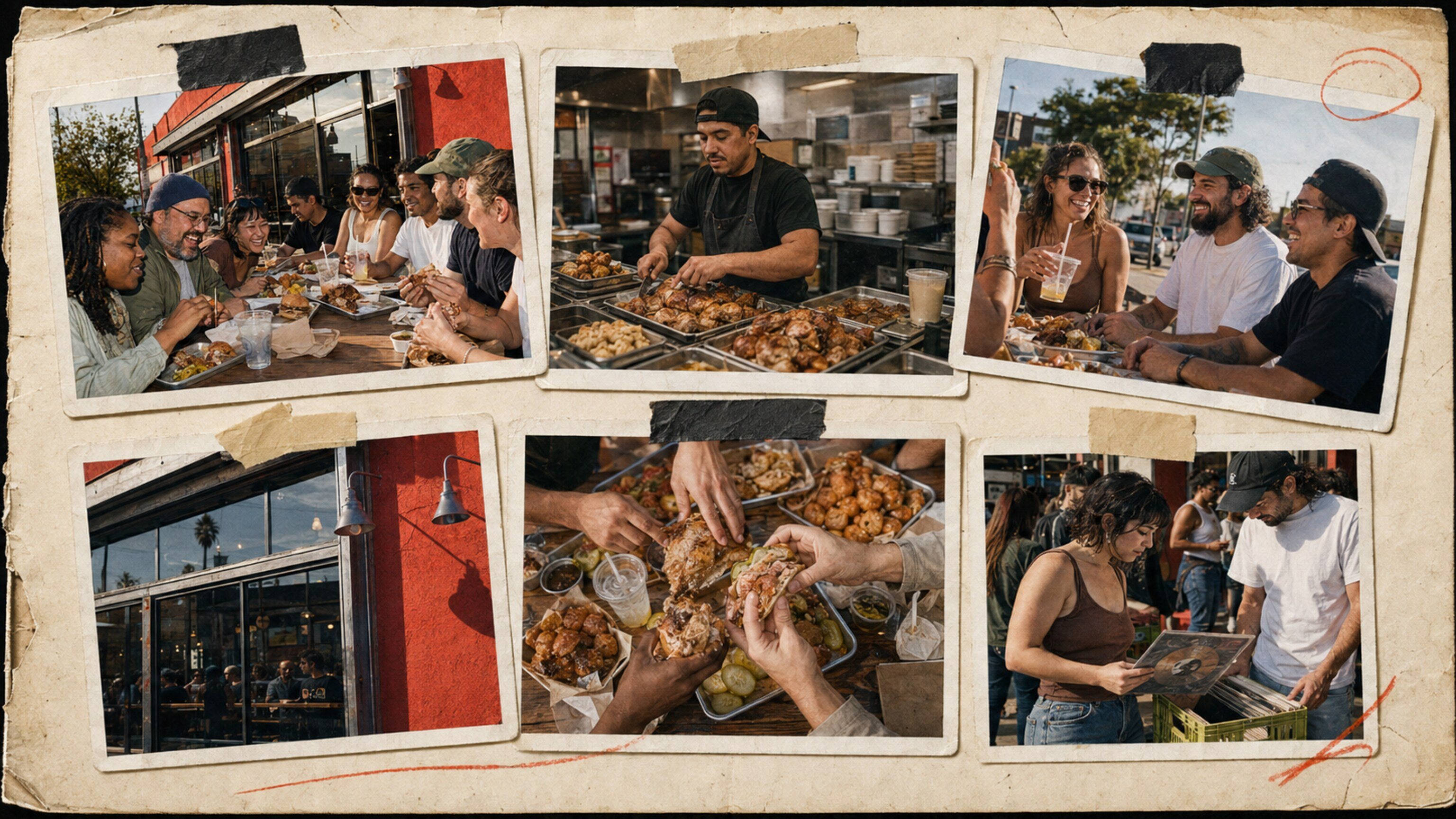 Guests at the long table, taped-down photographs