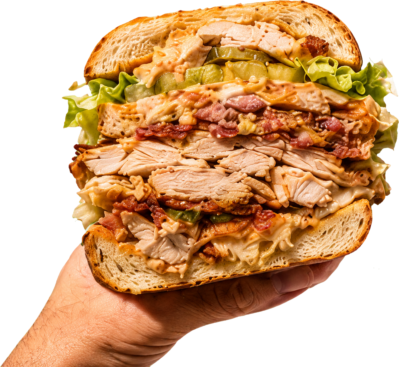 A turkey club held out toward you