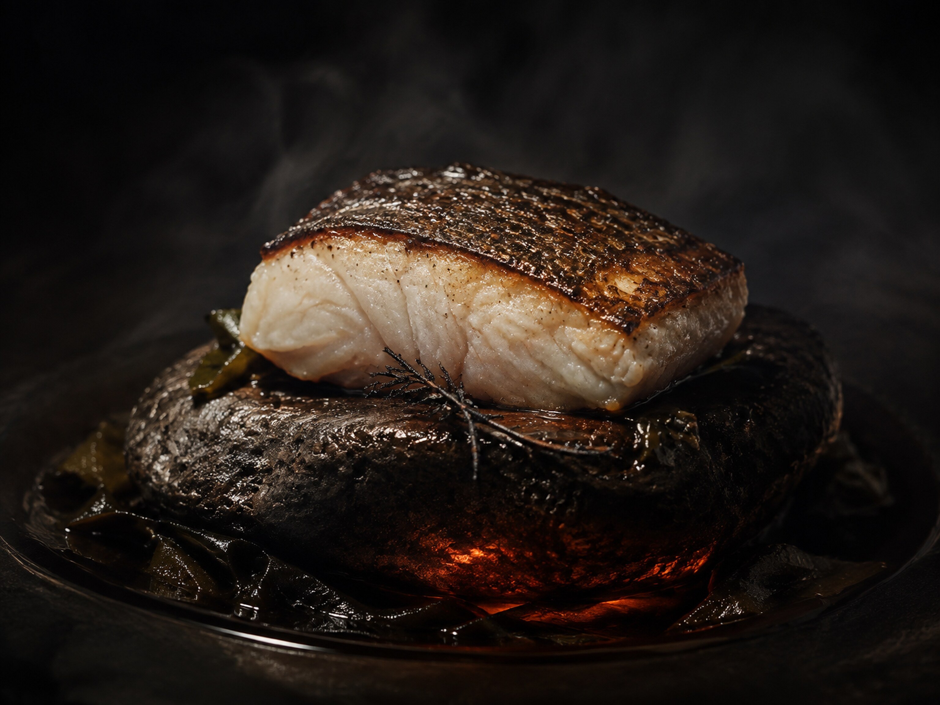 Ember: Local halibut seared on a fired stone, kelp, dill